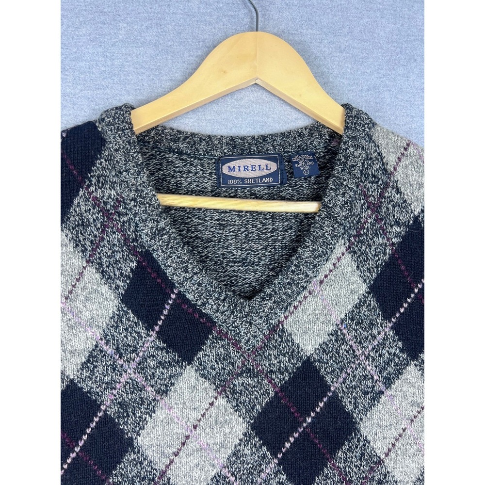 Mirell Vintage Argyle Sweater Vest Mens L‎ 100% Shetland Wool Grey Black V-Neck